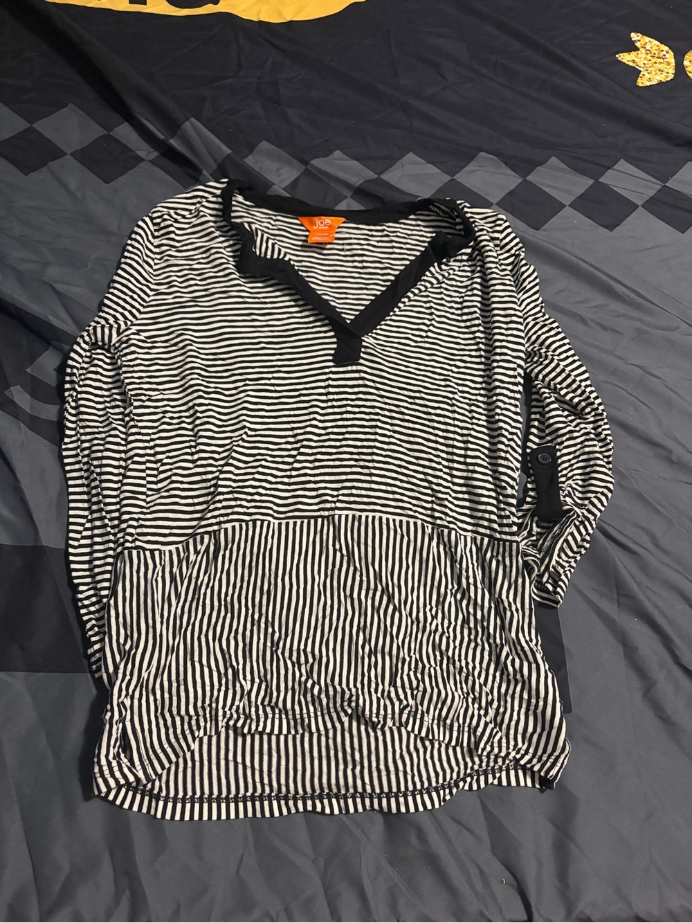 Joe Fresh Black and White Striped V-Neck Long Sleeve Top